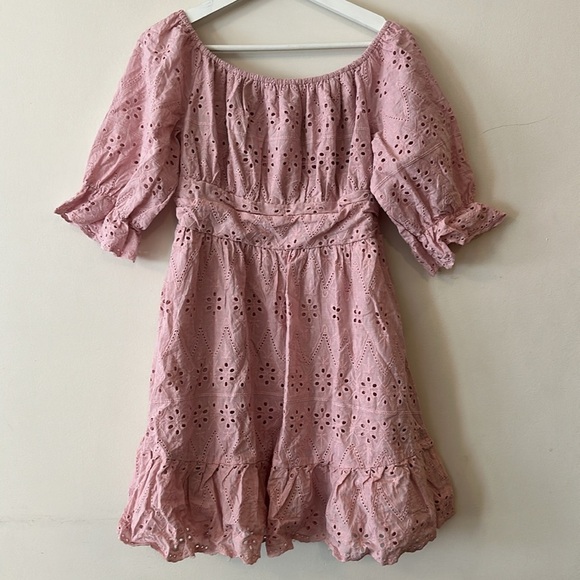 Pretty Garden Eyelet Overlay Short Puff Sleeve Ruffle Hem Babydoll Boho Dresses - Picture 5 of 12